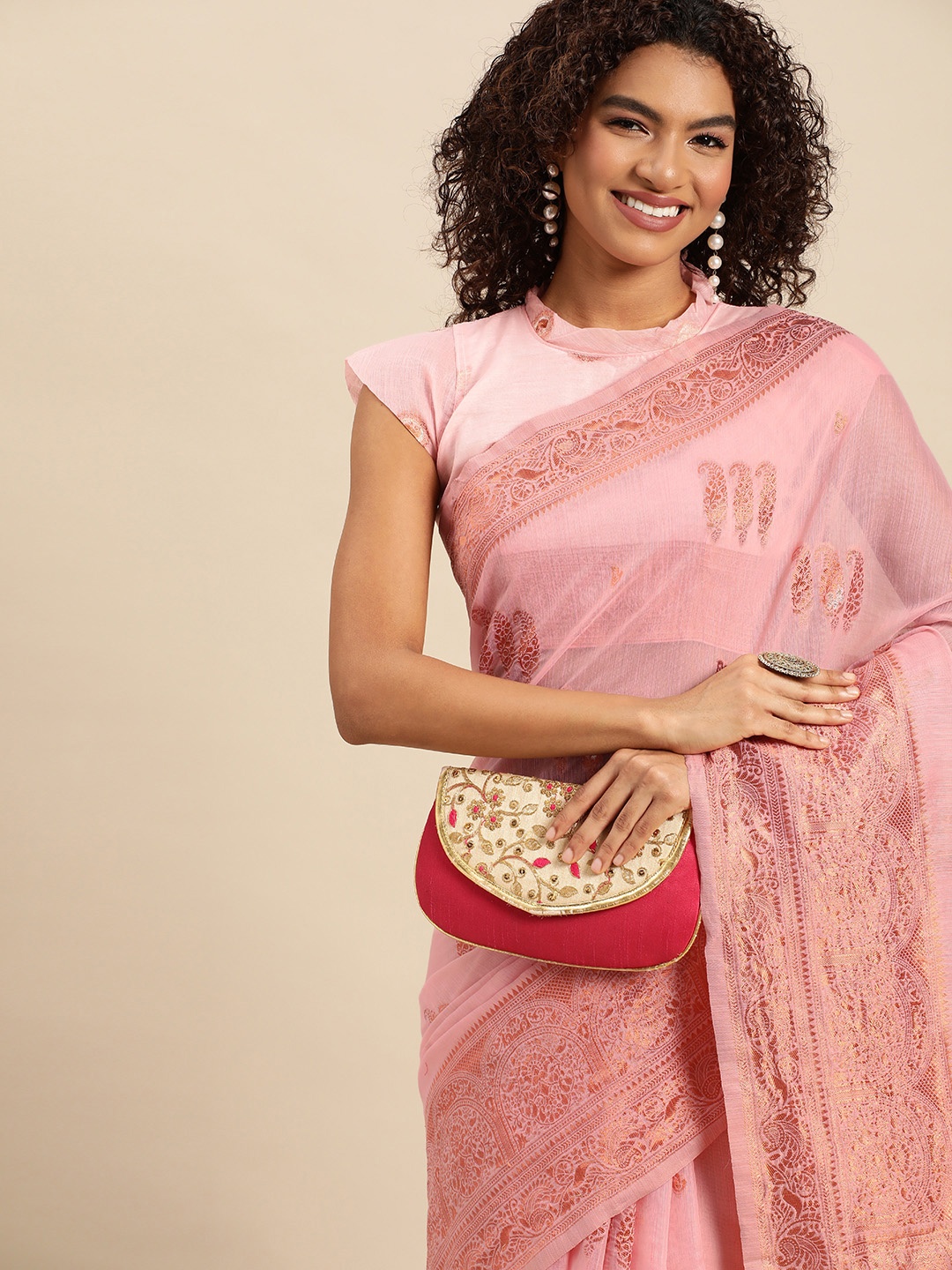 

Mitera Pink & Maroon Paisley Pure Linen Banarasi Saree