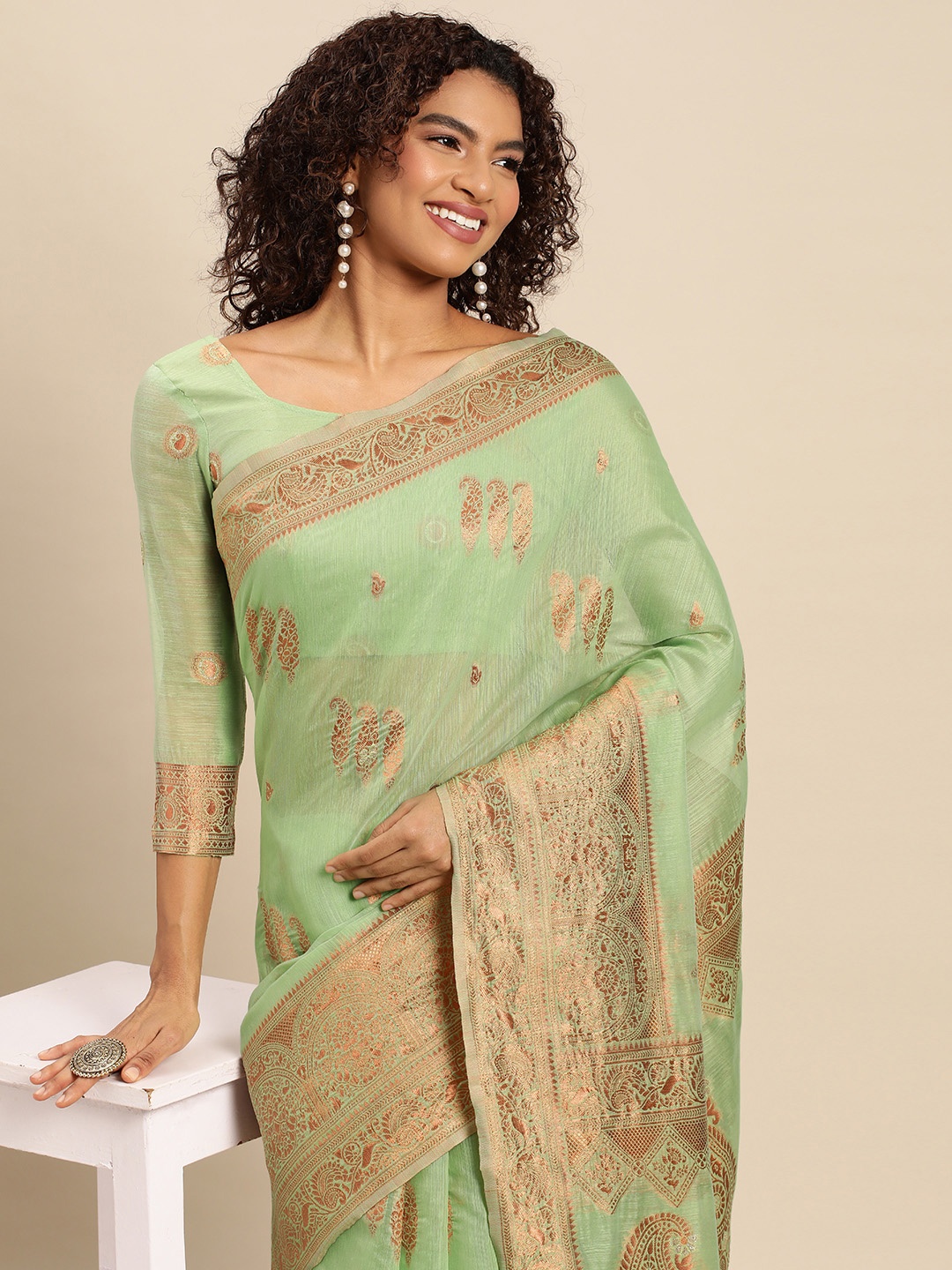 

Mitera Sea Green & Maroon Paisley Pure Linen Banarasi Saree