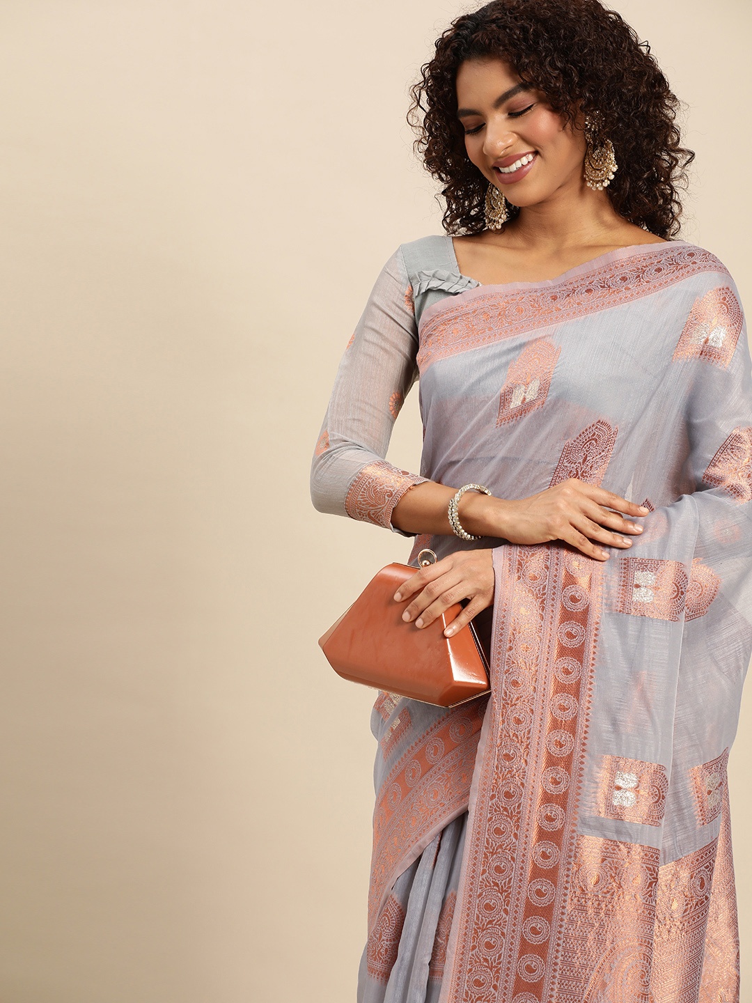 

Mitera Grey & Rose Gold Ethnic Motifs Pure Linen Banarasi Saree