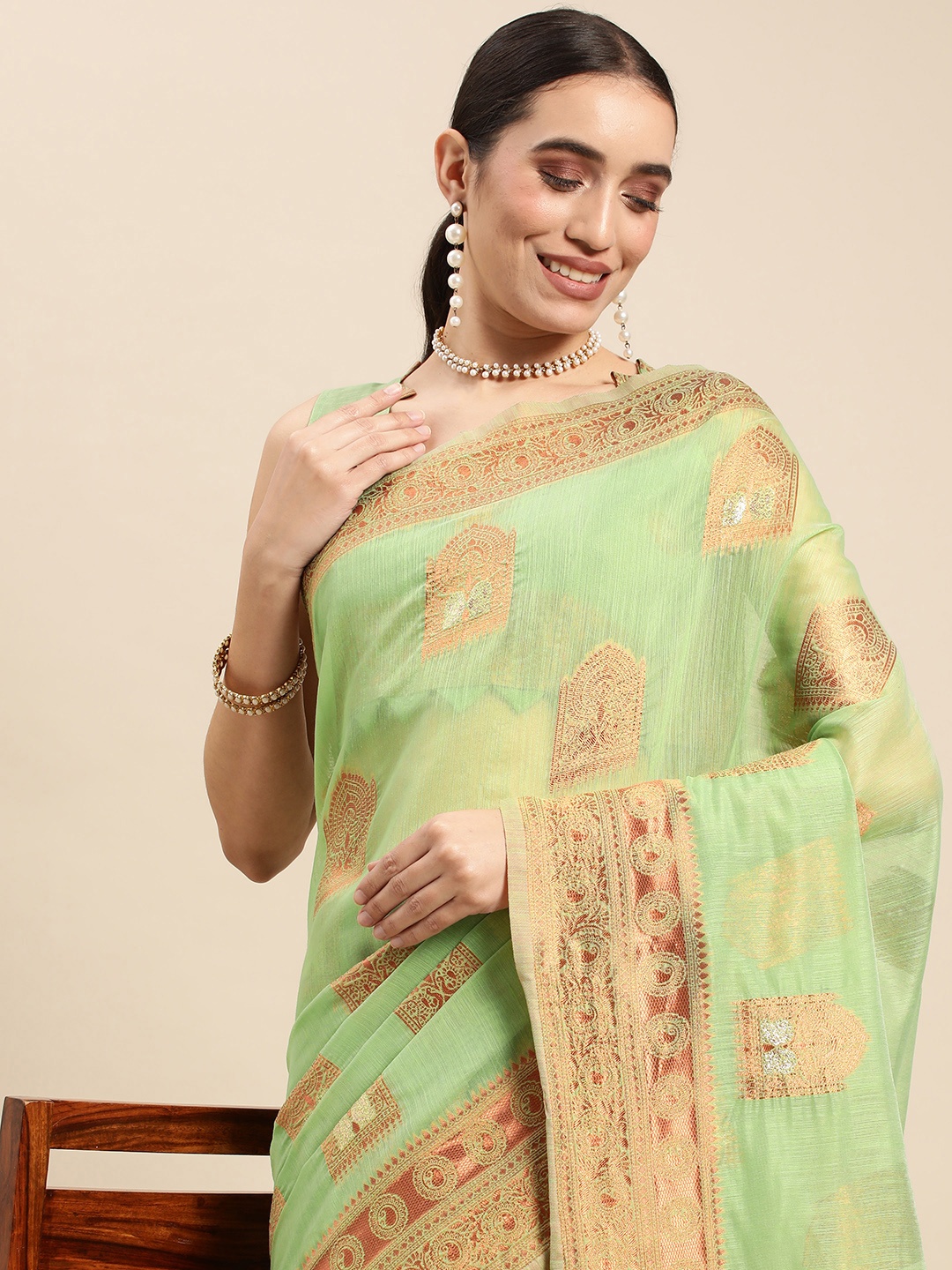 

Mitera Woven Design Ethnic Motifs Pure Linen Banarasi Saree, Green