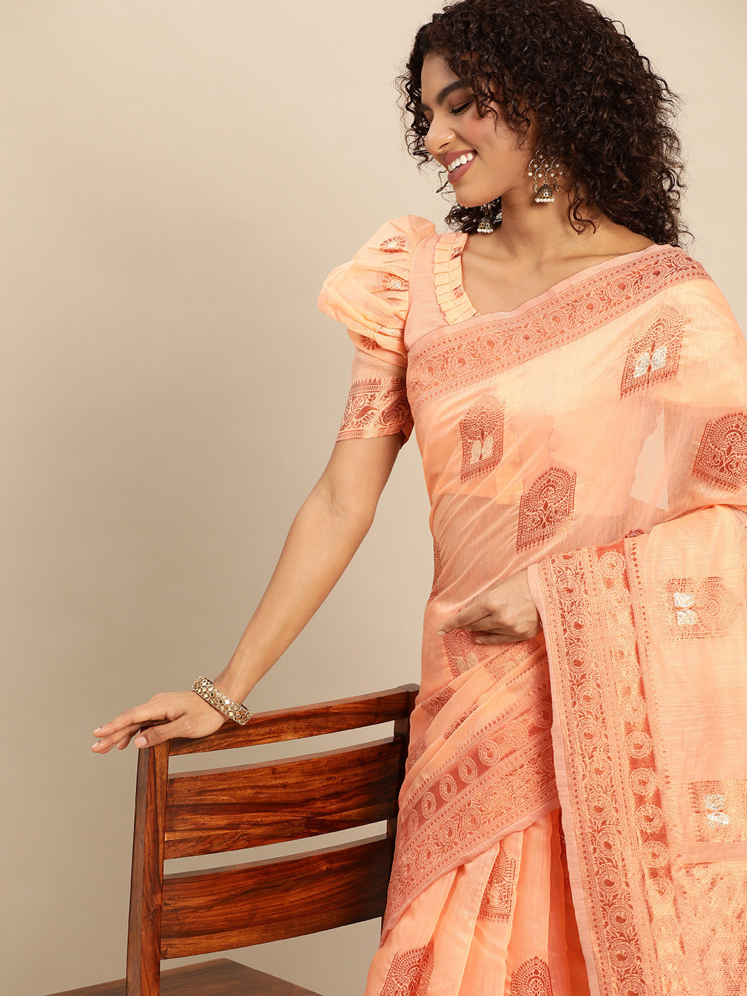 

Mitera Peach-Coloured Ethnic Motifs Pure Linen Banarasi Saree