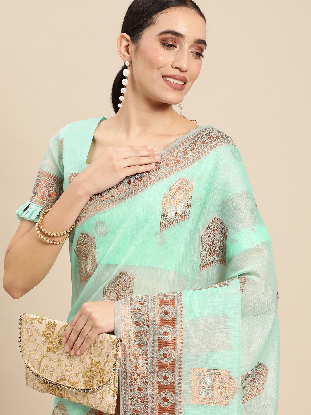 

Mitera Woven Design Ethnic Motifs Pure Linen Banarasi Saree, Teal