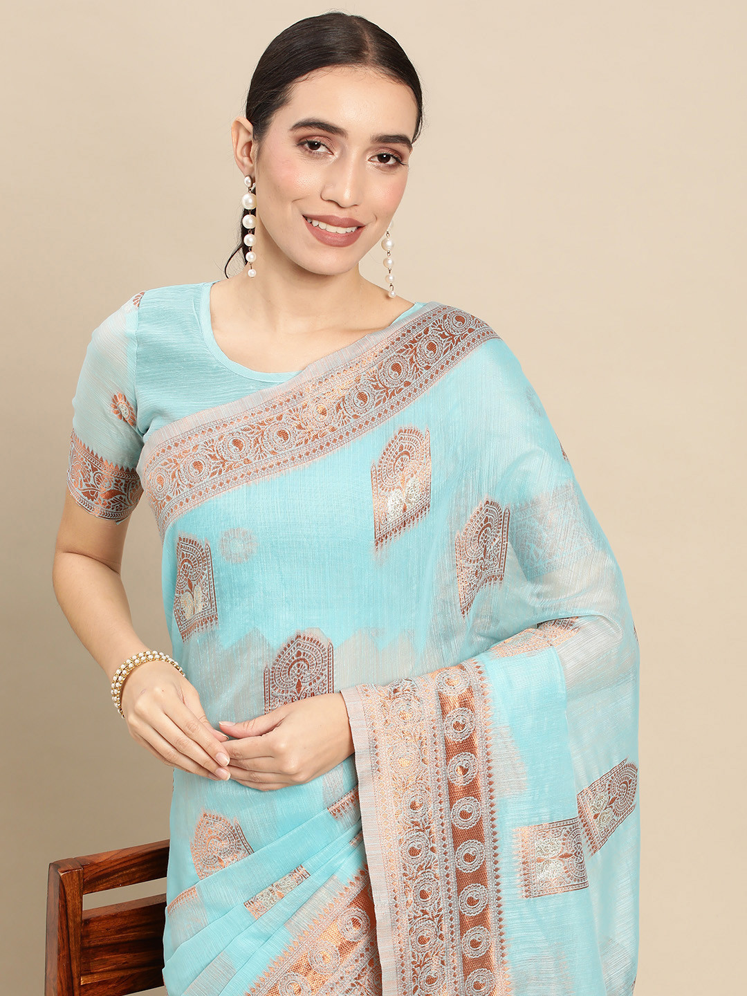 

Mitera Woven Design Ethnic Motifs Pure Linen Banarasi Saree, Blue