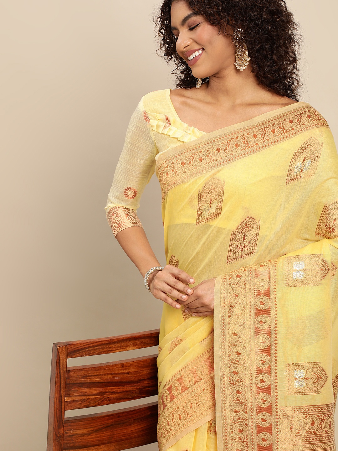 

Mitera Mustard Ethnic Motifs Pure Linen Banarasi Saree