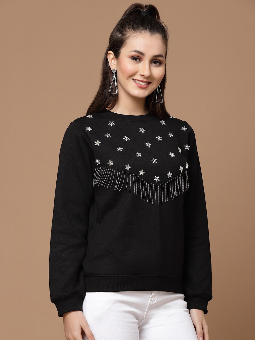 

KASSUALLY Women Embellished Sweatshirt, Black