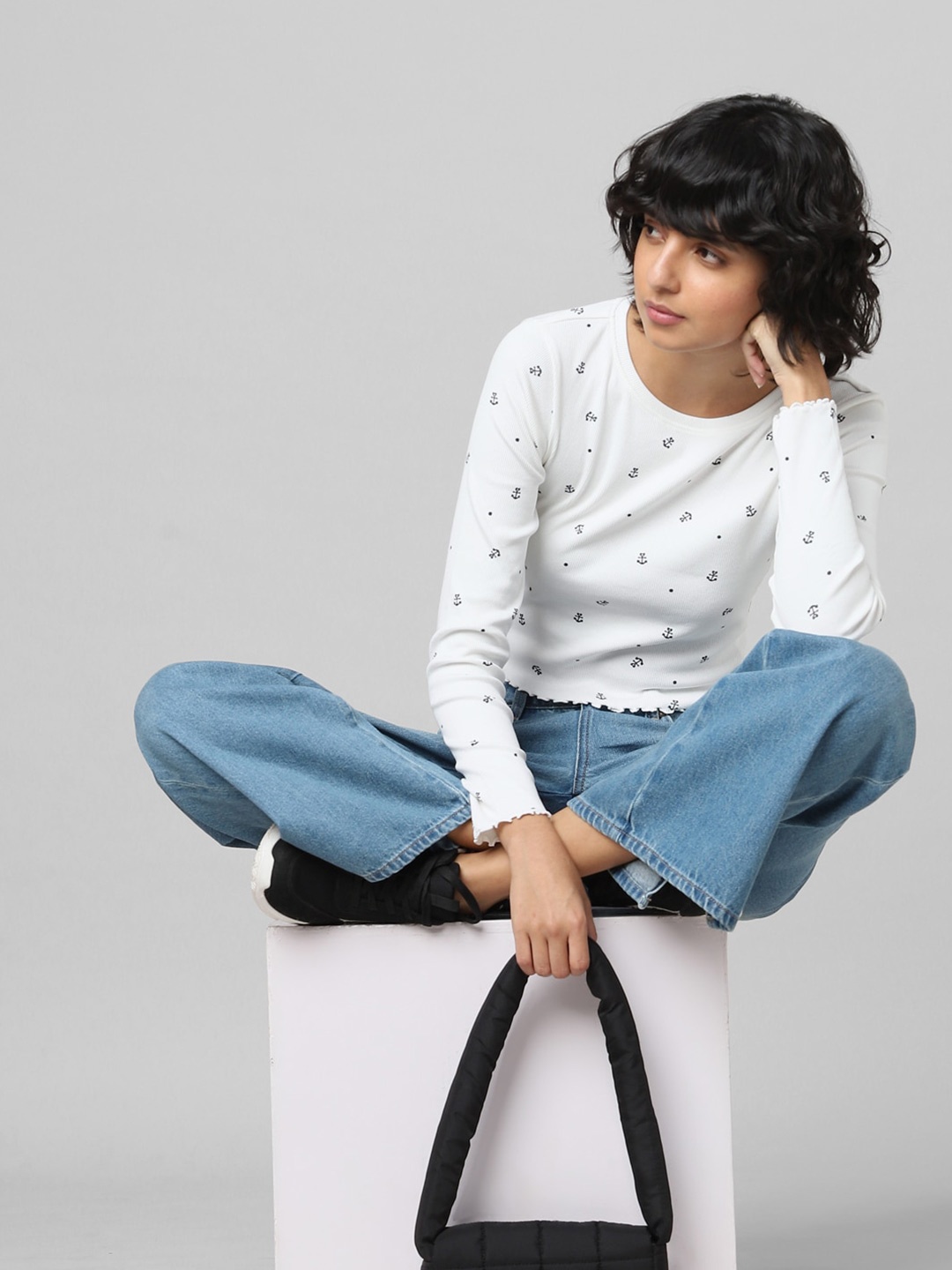 

ONLY Women Printed Crop Cotton T-shirt, White