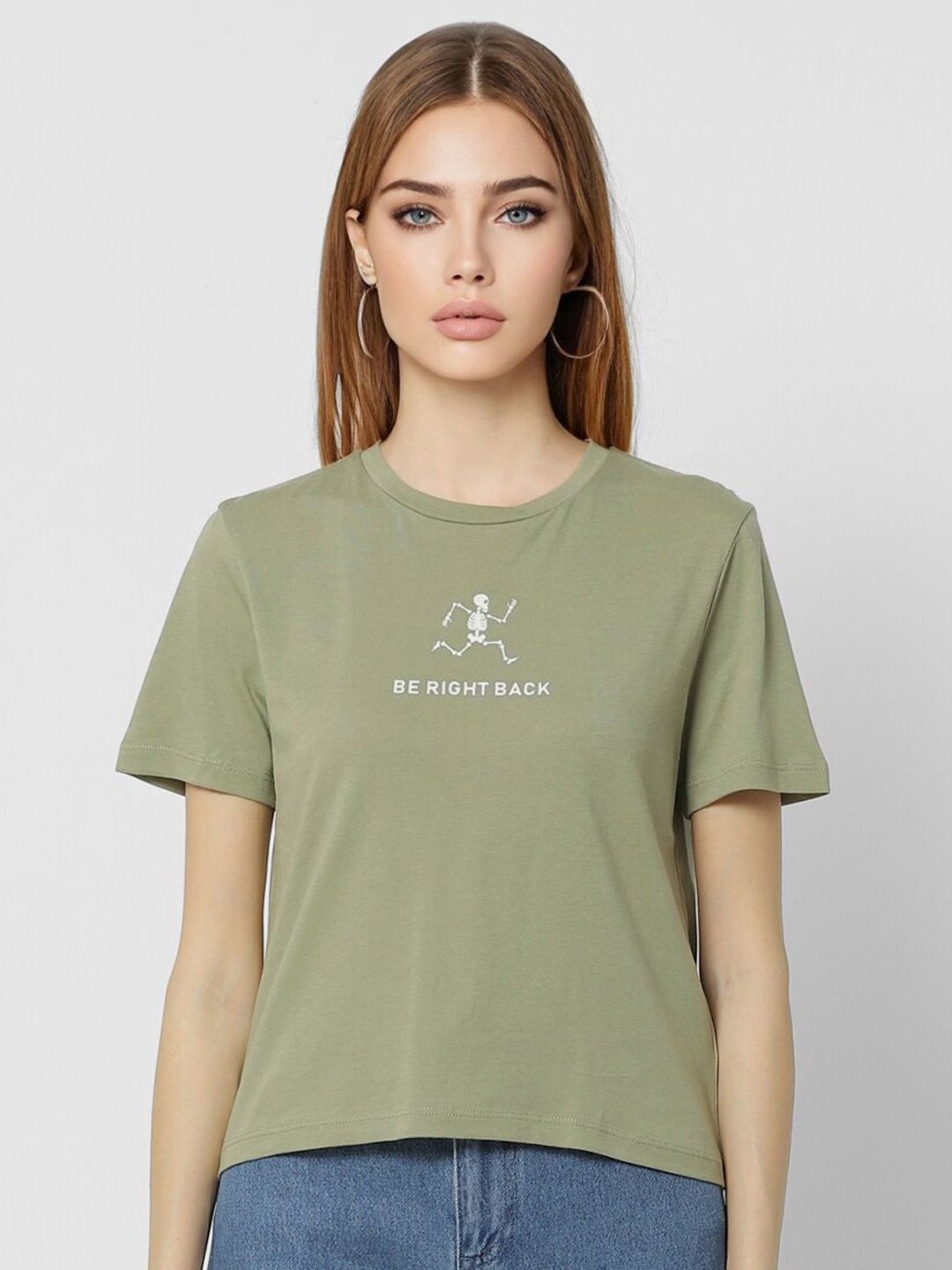 

ONLY Women Typography Printed Cotton T-shirt, Green