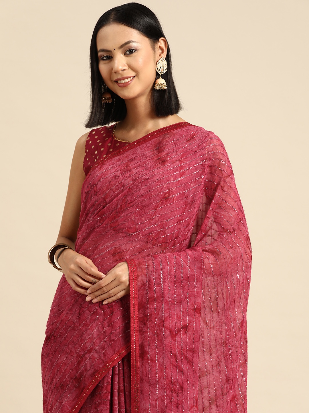 

all about you Striped Sequinned Tie & Dye Saree, Pink