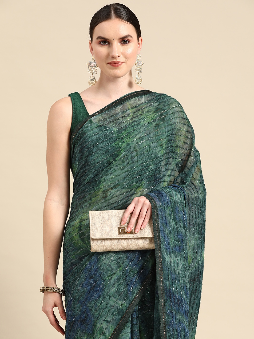 

all about you Striped Sequinned Tie & Dye Saree, Green