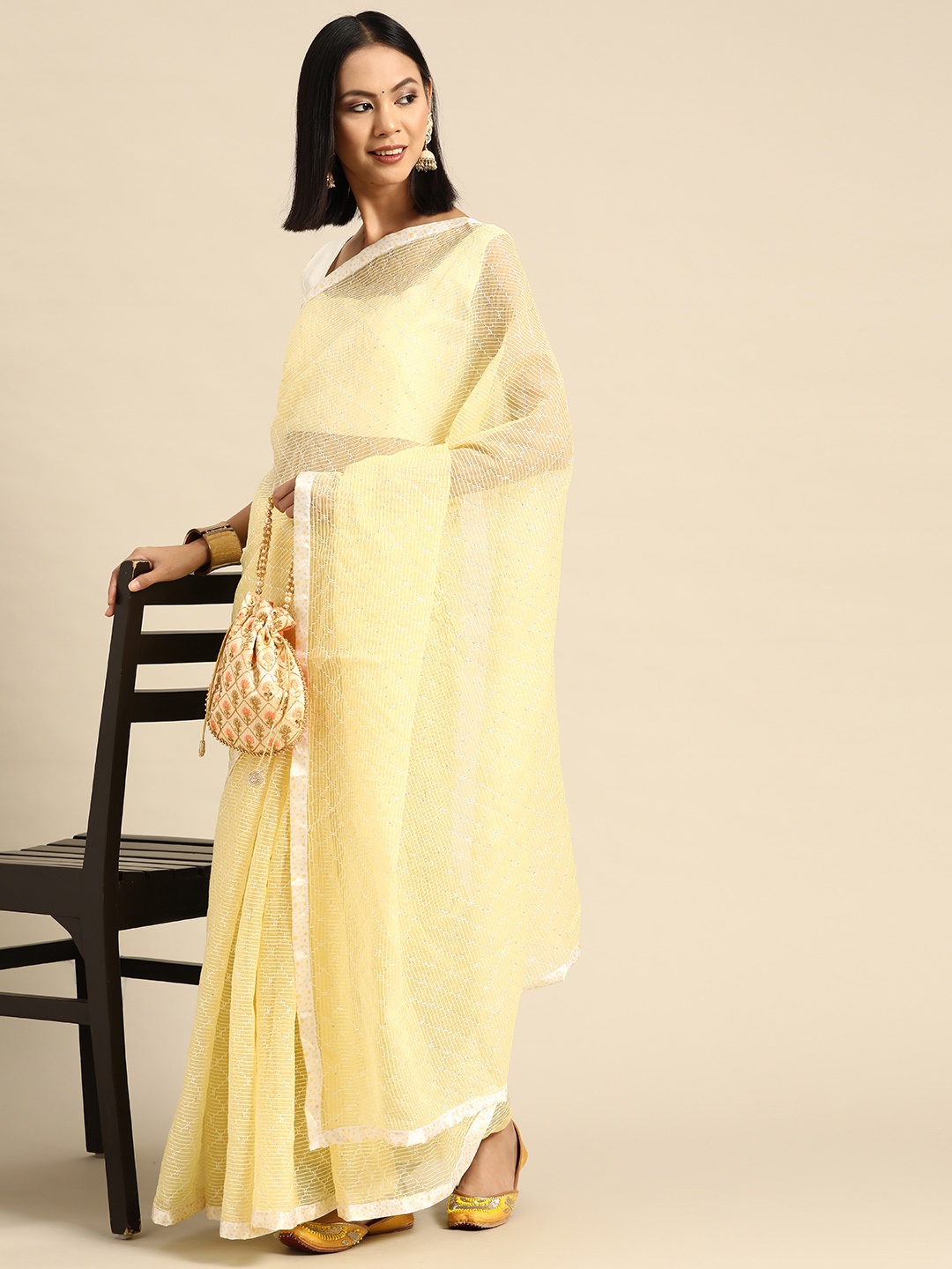 

all about you Striped Sequinned Pure Chiffon Saree, Yellow