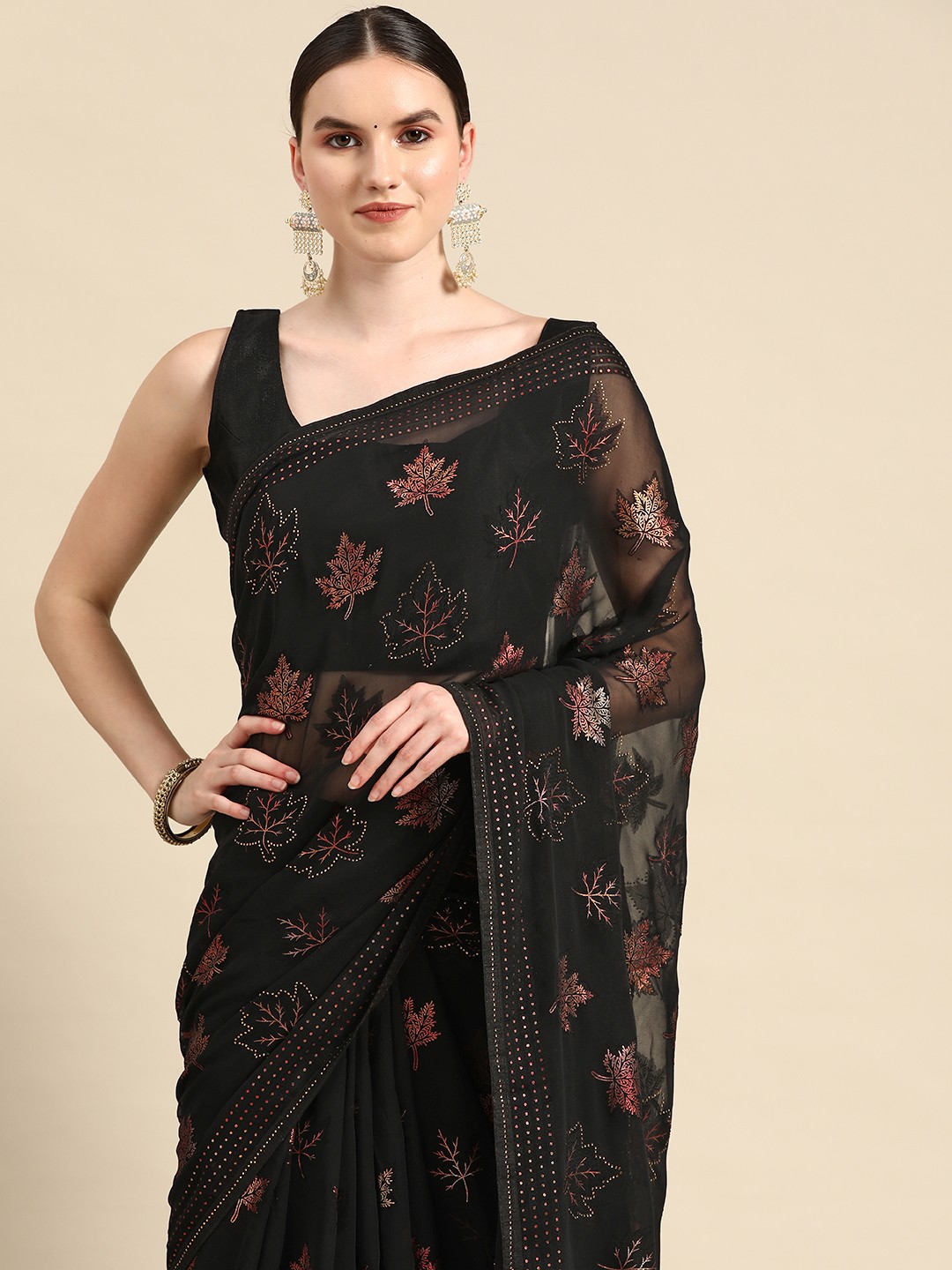 

all about you Floral Foil Print Saree, Black