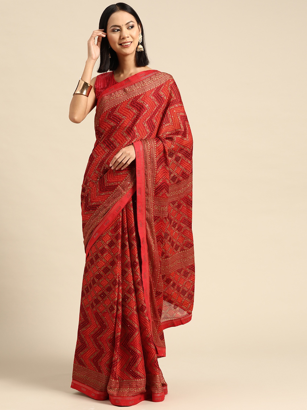 

all about you Bandhani Sequinned Saree, Red