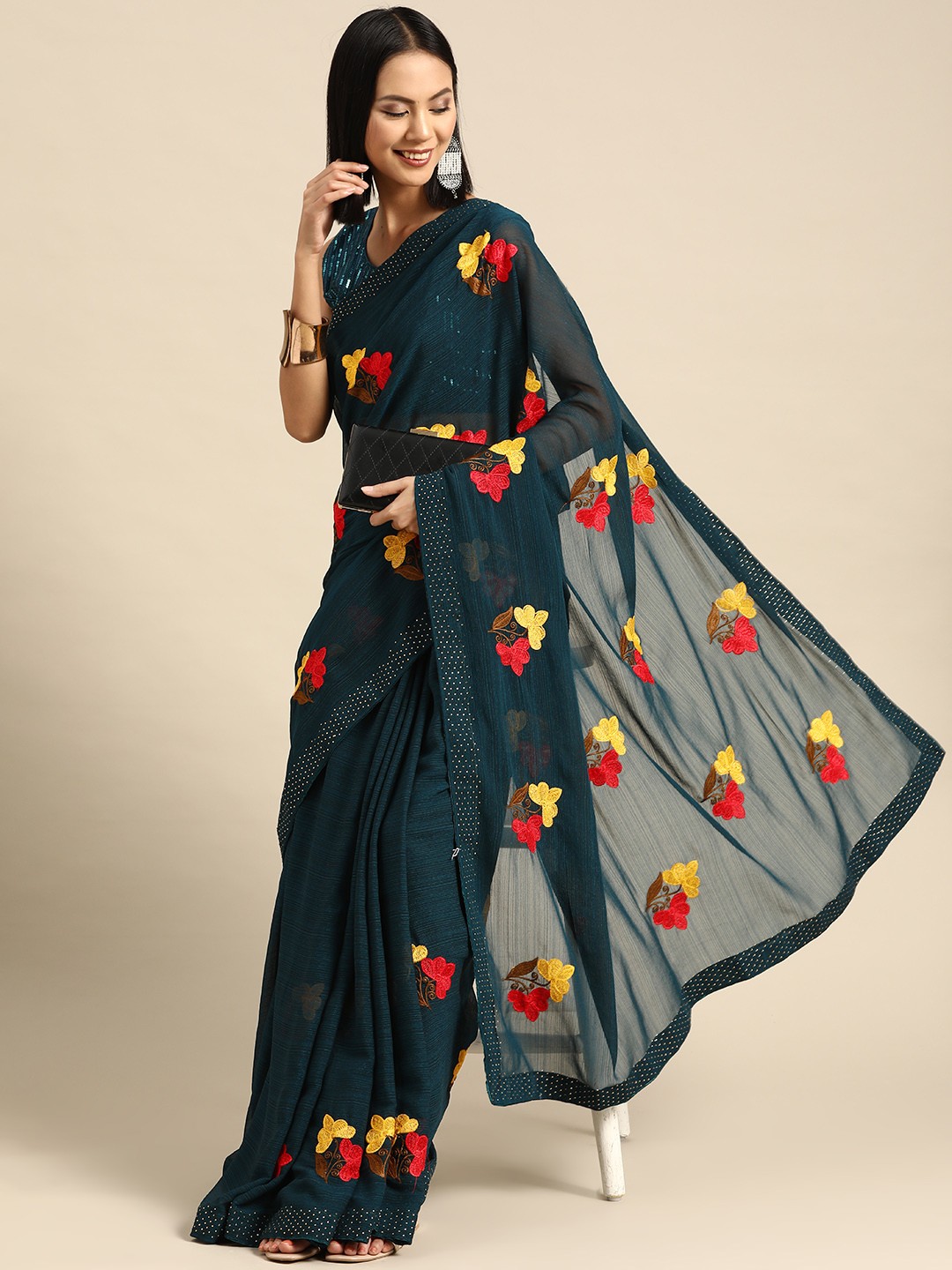 

all about you Floral Embroidered Saree, Green