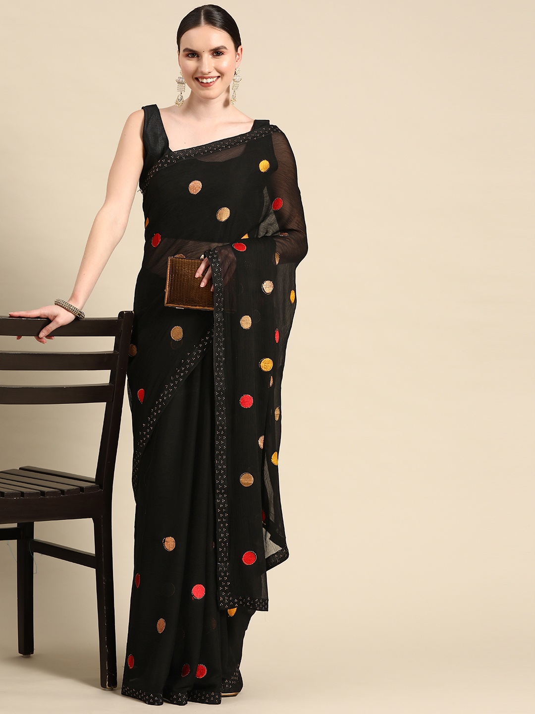 

all about you Embroidered Polka Dots Saree, Black