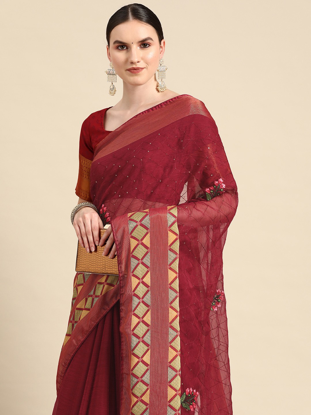 

all about you Floral Embroidered Sequinned Saree, Maroon