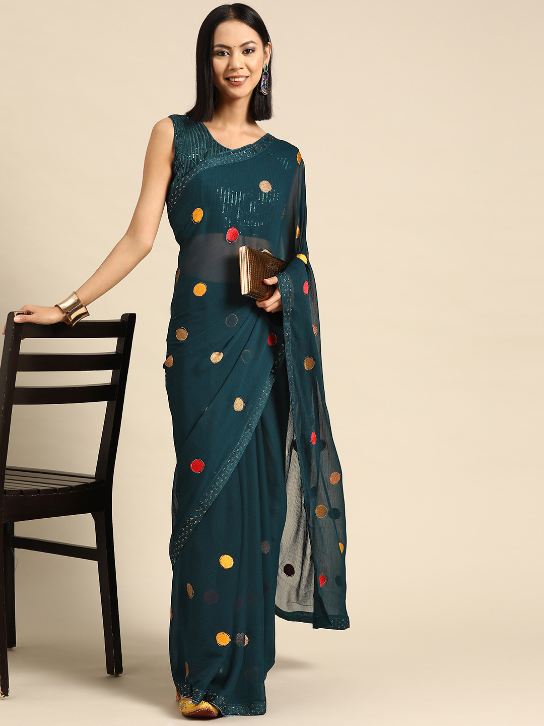

all about you Embroidered Polka Dots Saree, Green