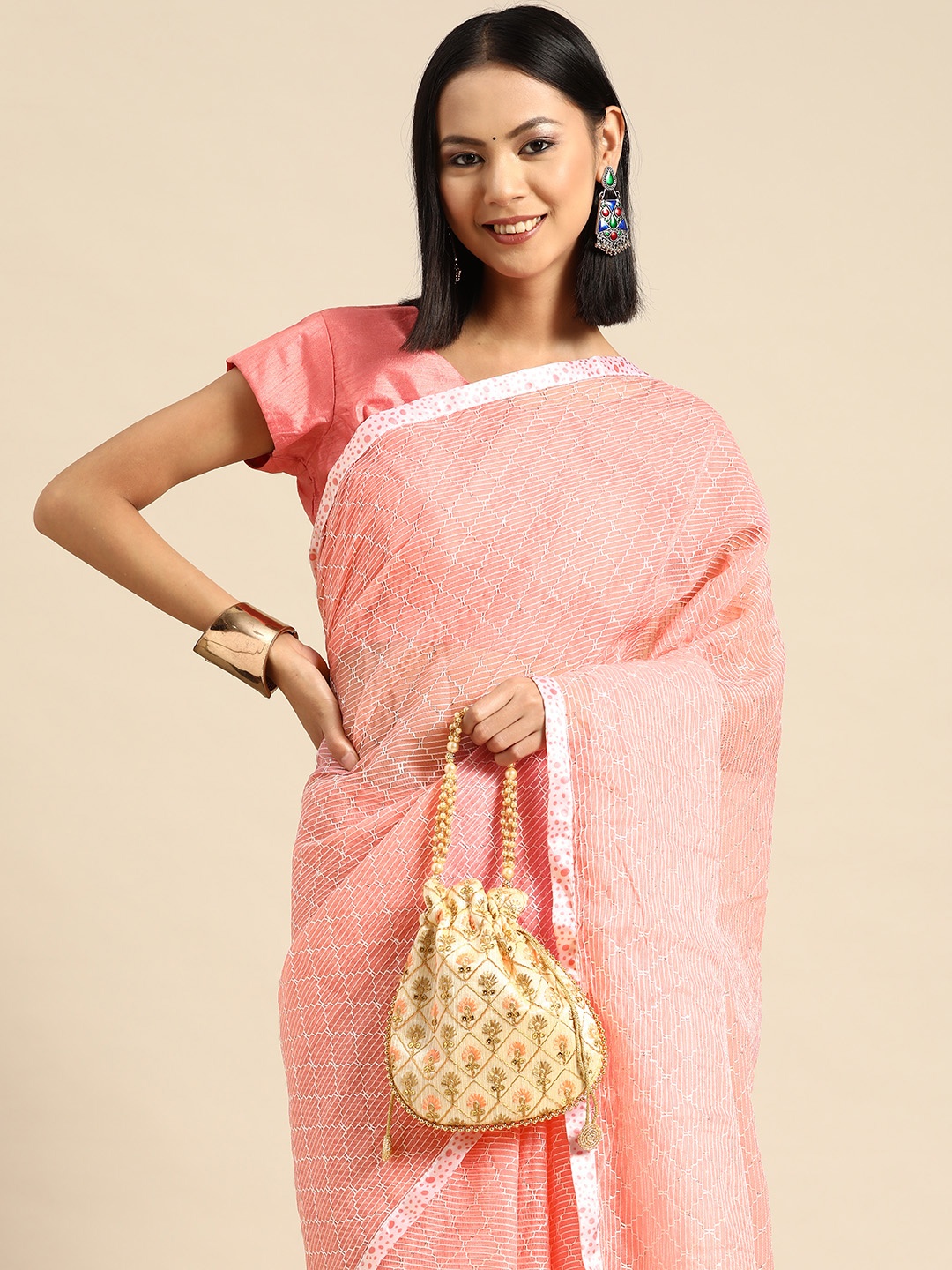 

all about you Crochet Embroidered Pure Chiffon Saree, Pink