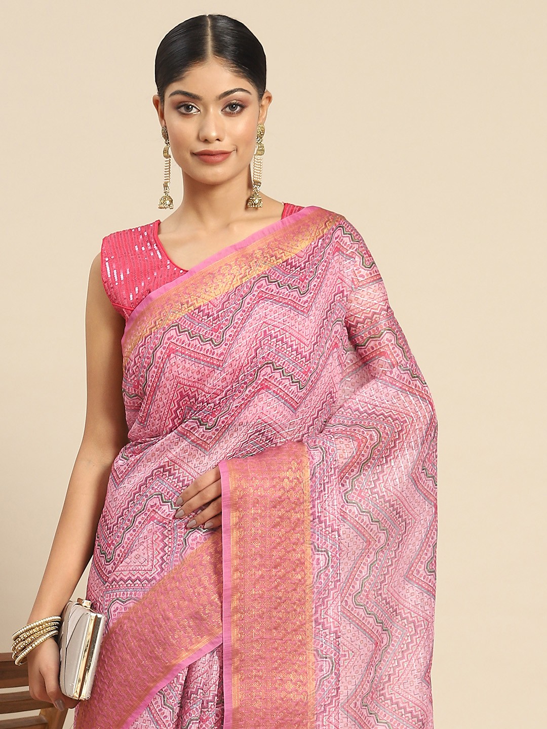 

all about you Kalamkari Sequinned Saree, Pink