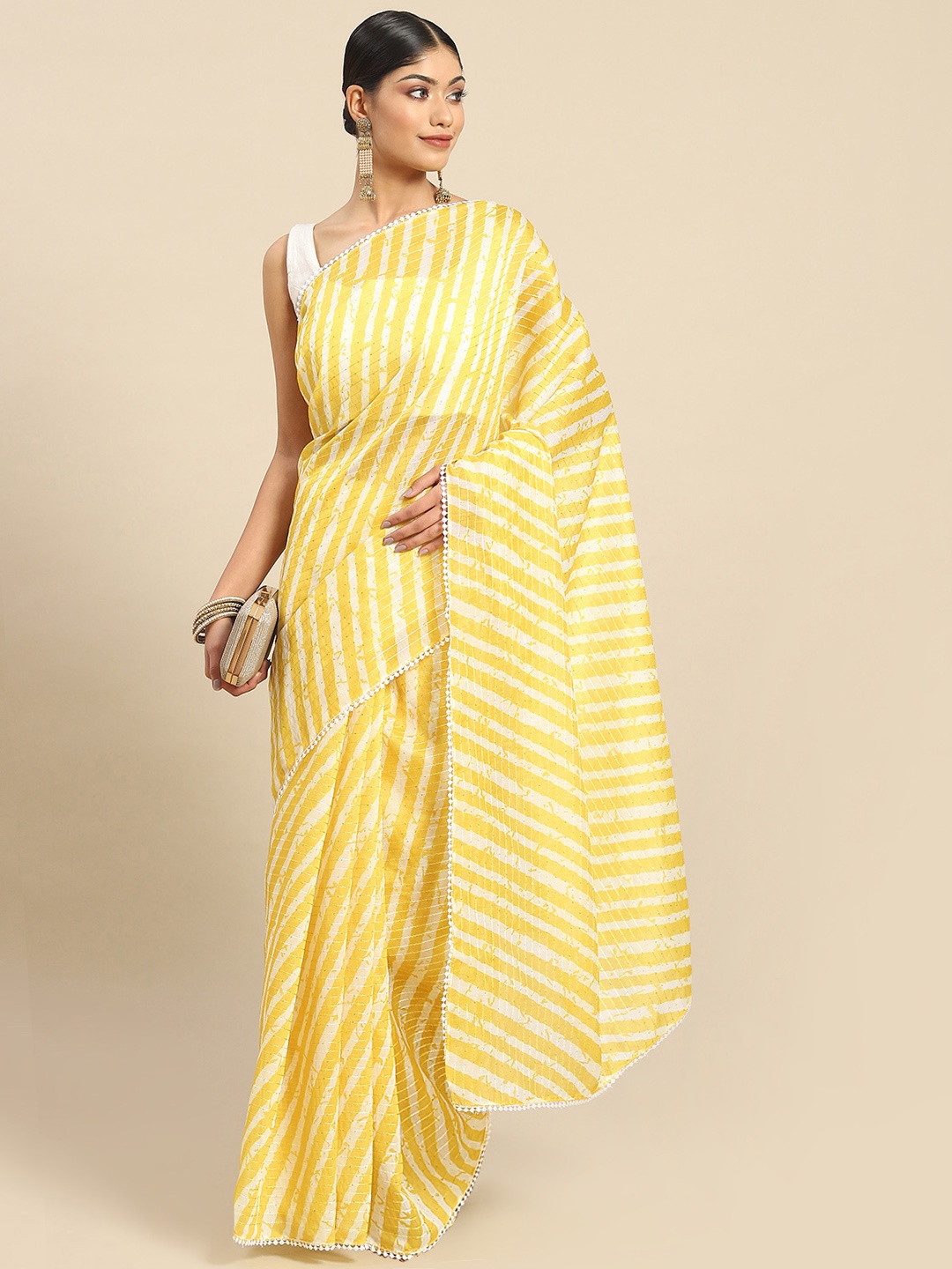 

all about you Leheriya Sequinned Saree, Yellow