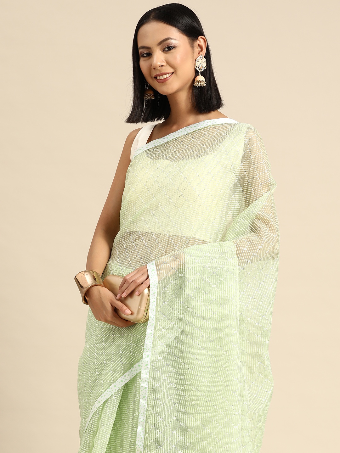 

all about you Crochet Embroidered Pure Chiffon Saree, Green