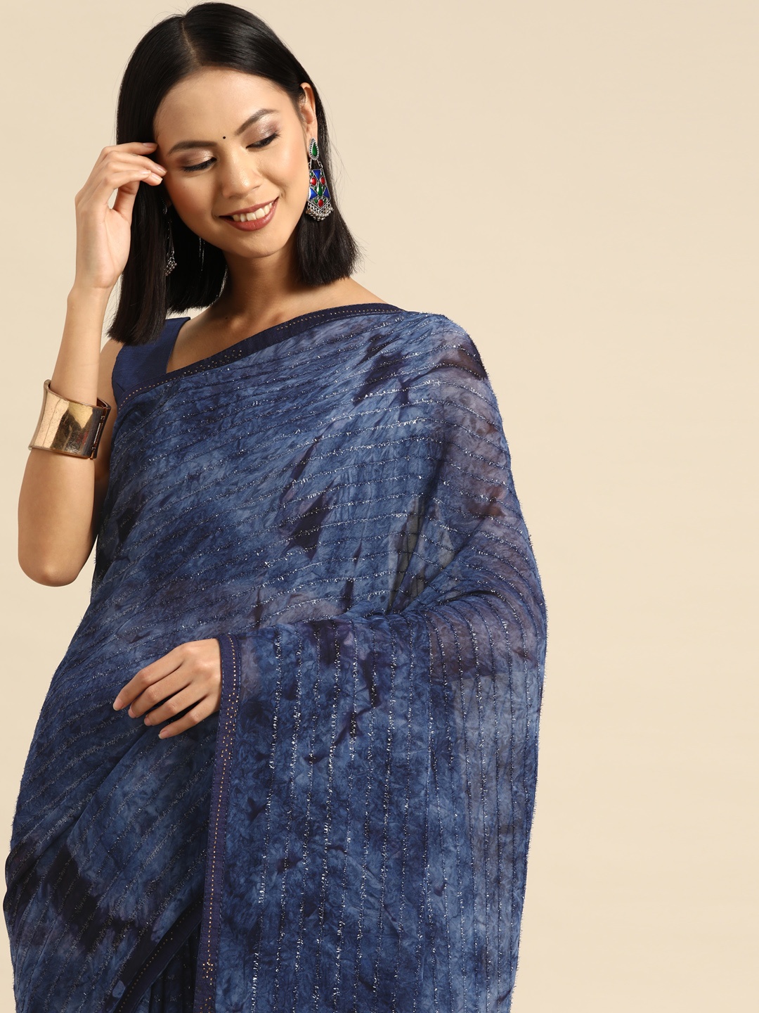

all about you Striped Sequinned Tie & Dye Saree, Blue