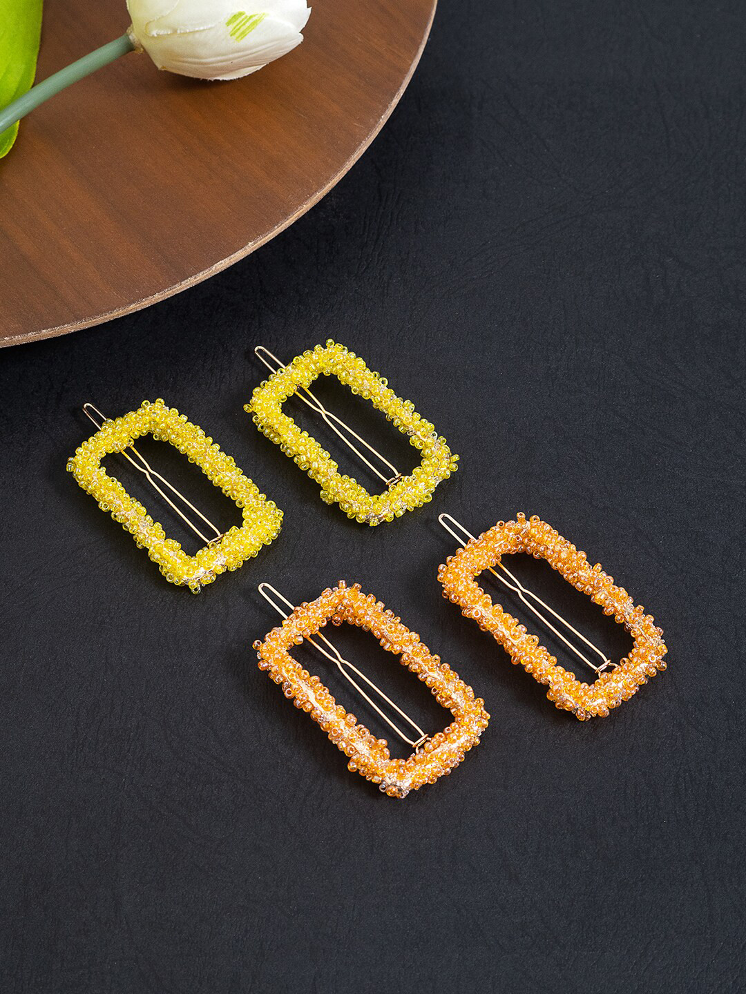 

Golden Peacock Women Set Of 4 Embellished Rectangular Bobby Pins, Orange