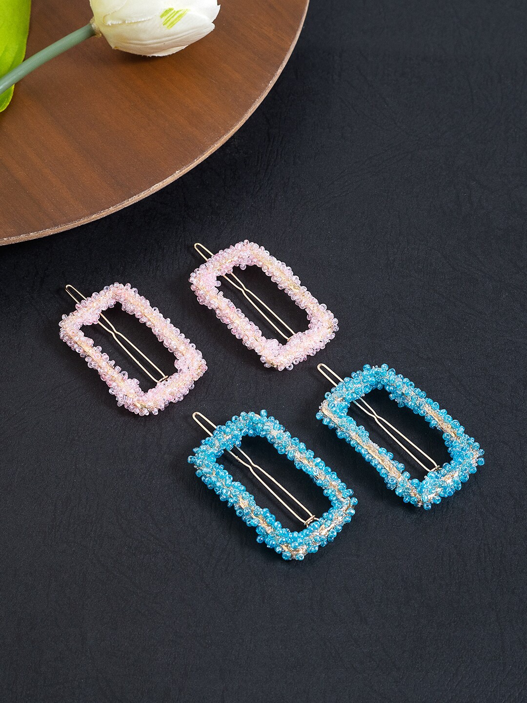 

Golden Peacock Women Set Of 4 Embellished Rectangular Bobby Pins, Turquoise blue