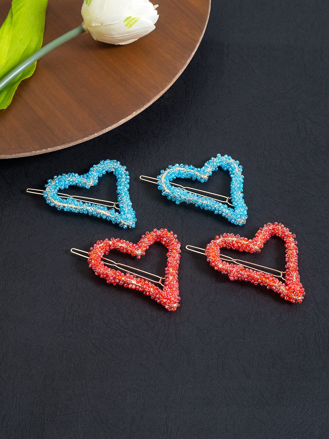 

Golden Peacock Women Set Of 4 Embellished Heart Bobby Pins, Turquoise blue