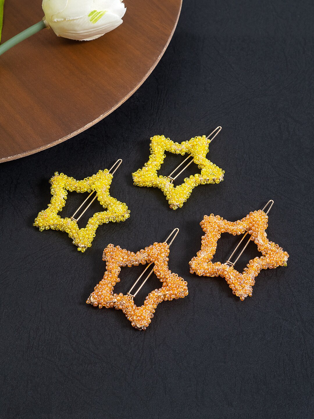 

Golden Peacock Women Set Of 4 Embellished Star Bobby Pins, Orange