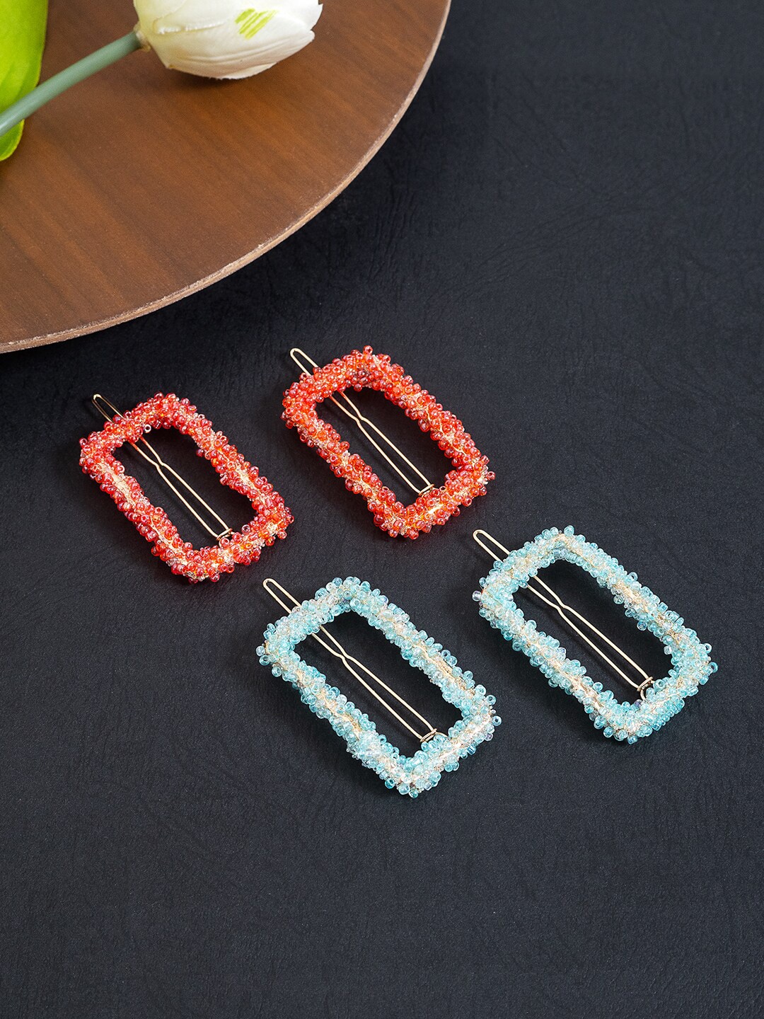

Golden Peacock Women Set Of 4 Embellished Rectangular Bobby Pins, Turquoise blue