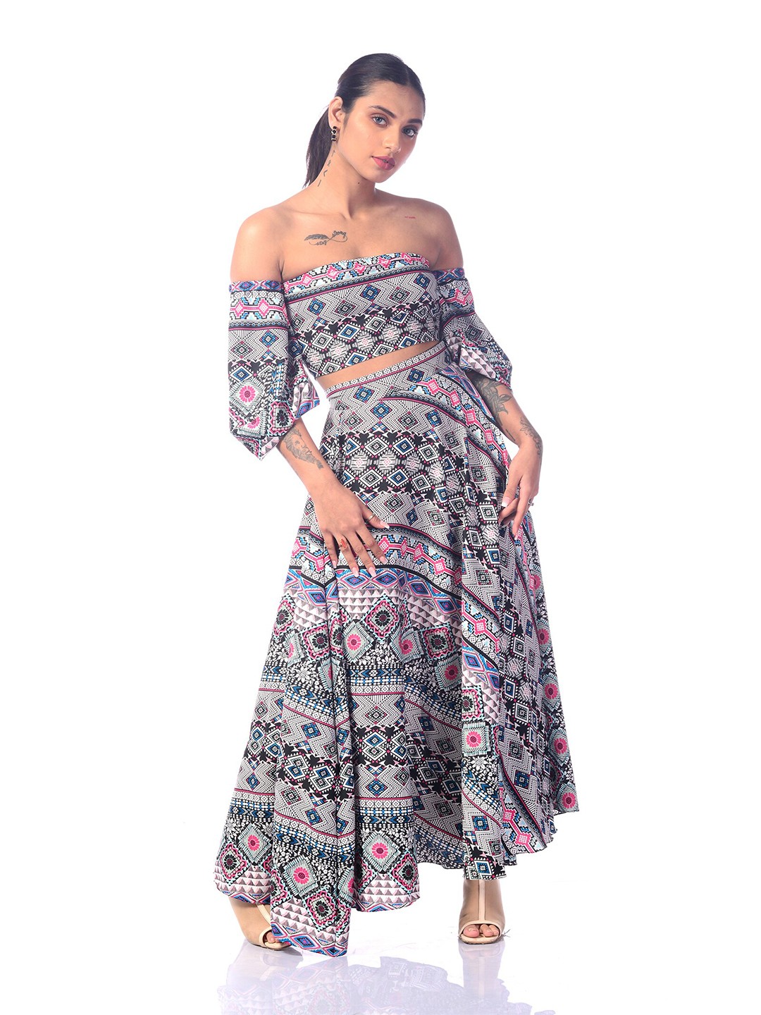 

MODWEE Women Multicoloured Printed Crop Top with Skirt Co-Ord Set, Multi