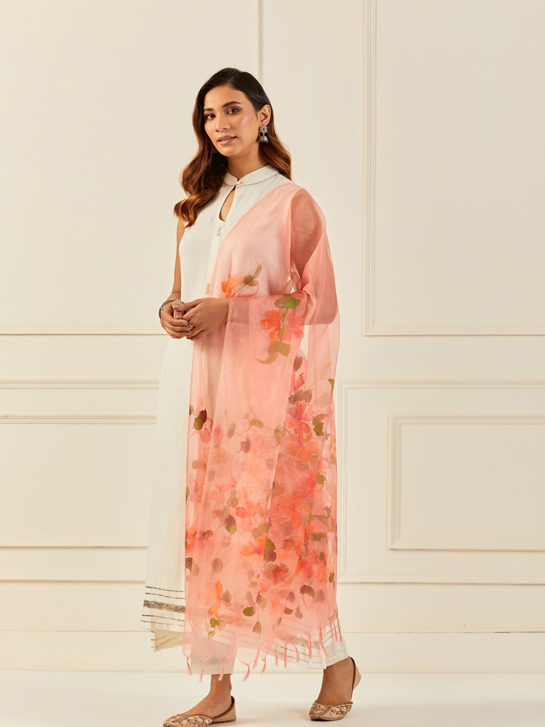 

Geroo Jaipur Floral Handpainted Organza Dupatta With Tassels, Orange