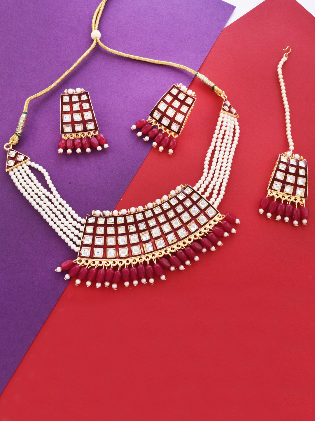 

The Pari Gold-Plated Pearls & Kudan Studded Jewellery Set, Pink