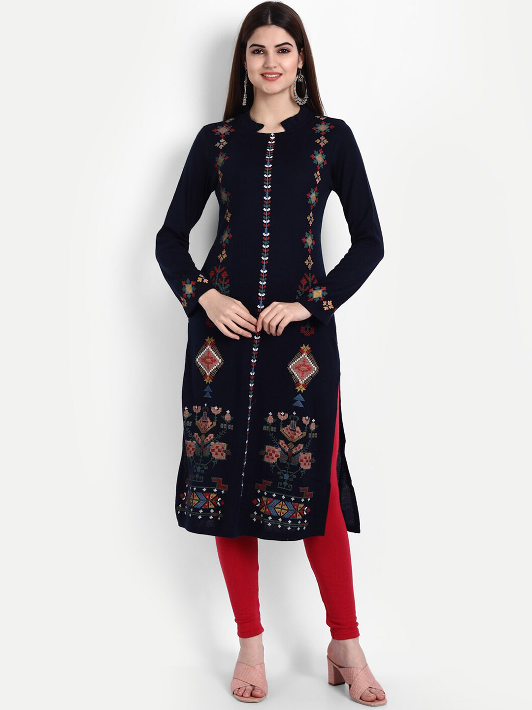 

SUTI Band Collar Floral Printed Wool Kurta, Black