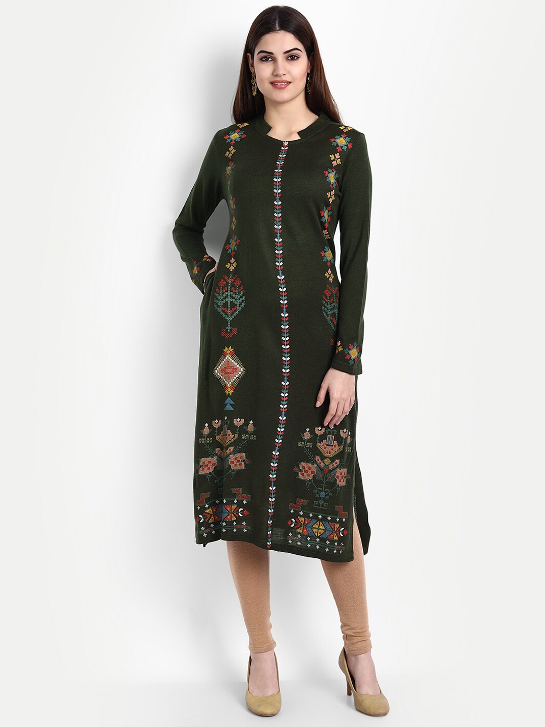 

SUTI Band Collar Floral Printed Wool Kurta, Green