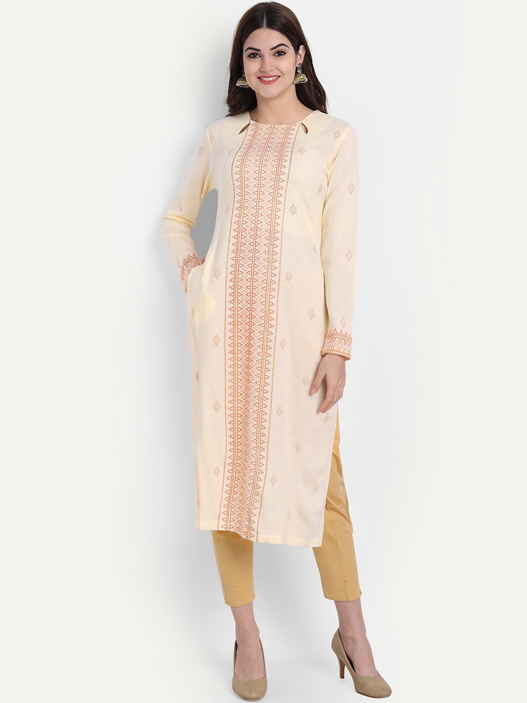 

SUTI Women Geometric Printed Keyhole Neck Woolen Kurta, Off white