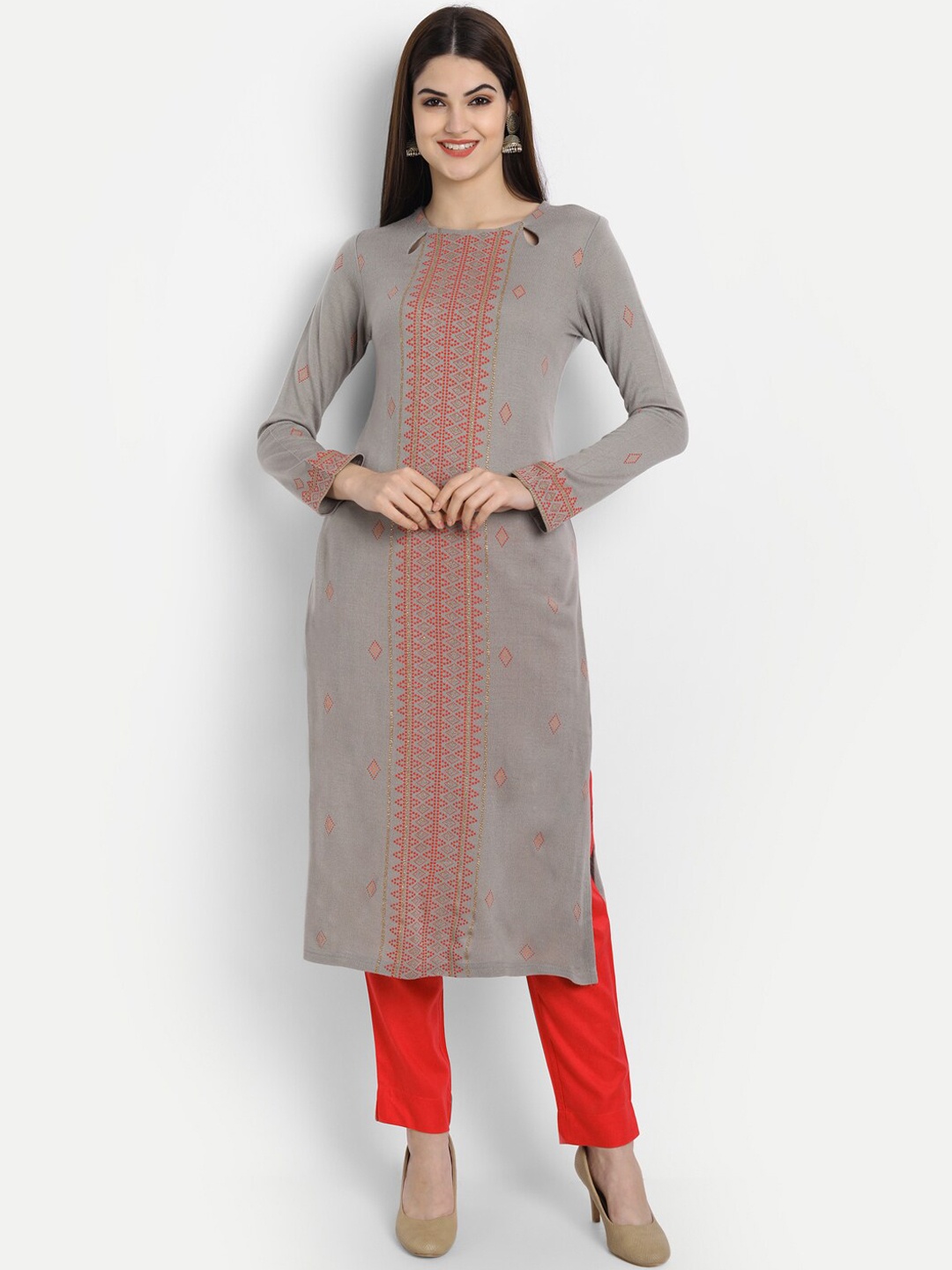 

SUTI Women Geometric Printed Woolen Kurta, Grey