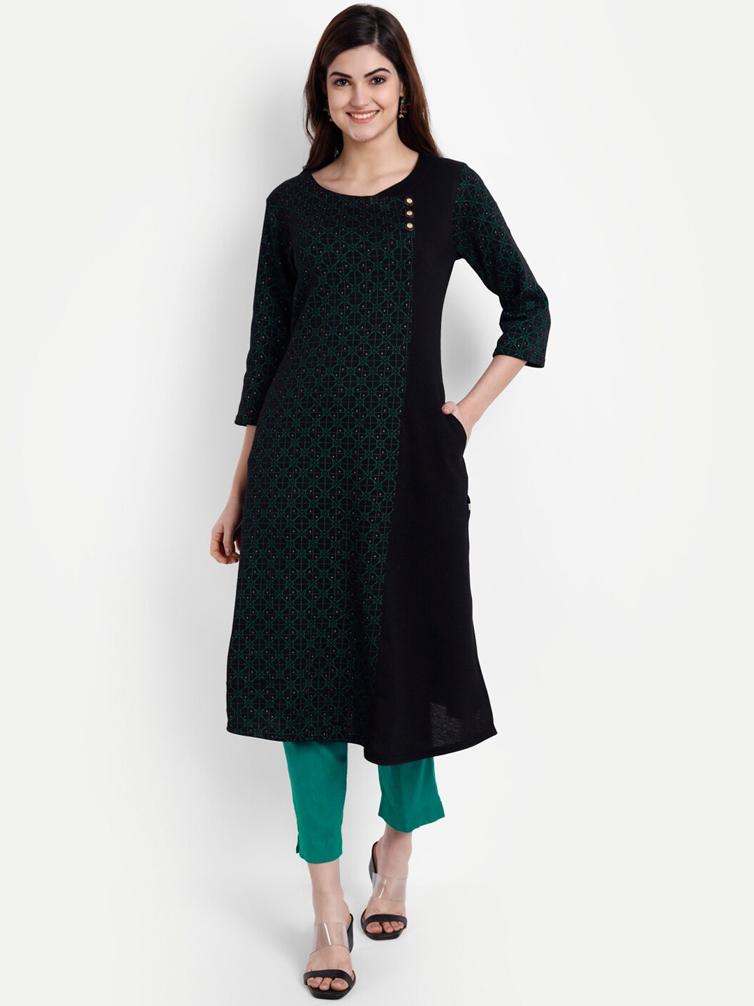 

SUTI Ethnic Motifs Printed Round Neck Kurta, Black