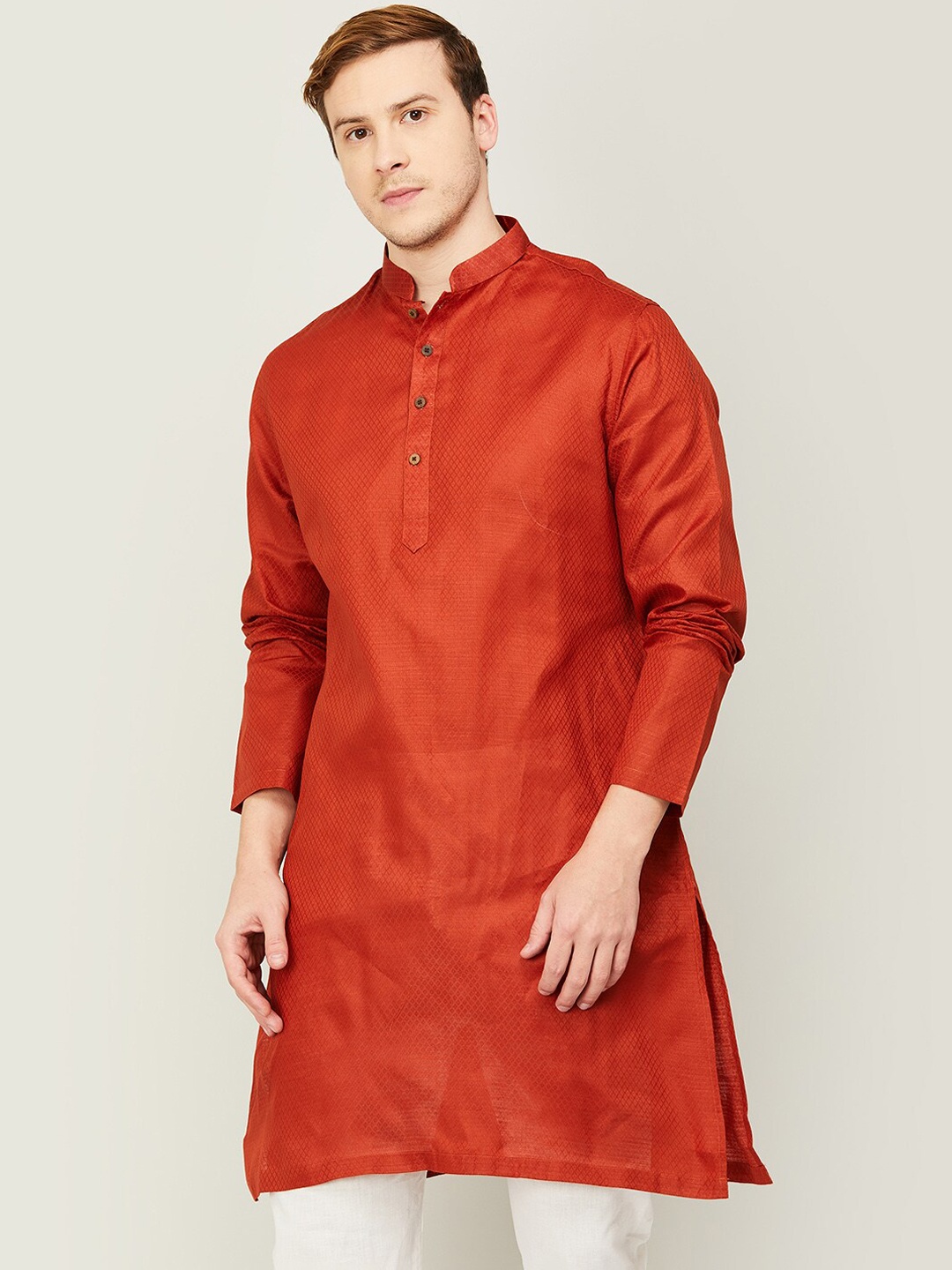 

Melange by Lifestyle Mandarin Collar Cotton Kurta, Rust