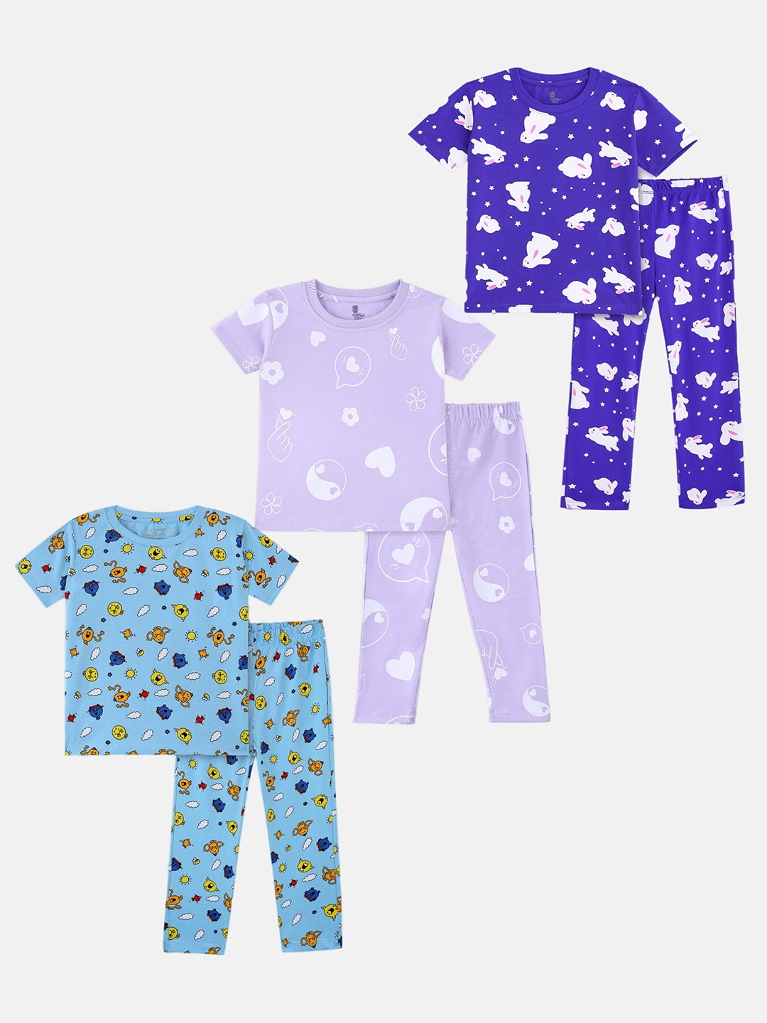 

Cuddles for Cubs Kids Pack Of 3 Printed Pure Cotton Night suit, Purple