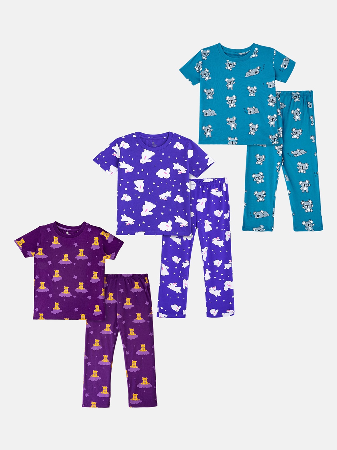 

Cuddles for Cubs Kids Pack of 3 Set Conversational Printed Night suit, Blue