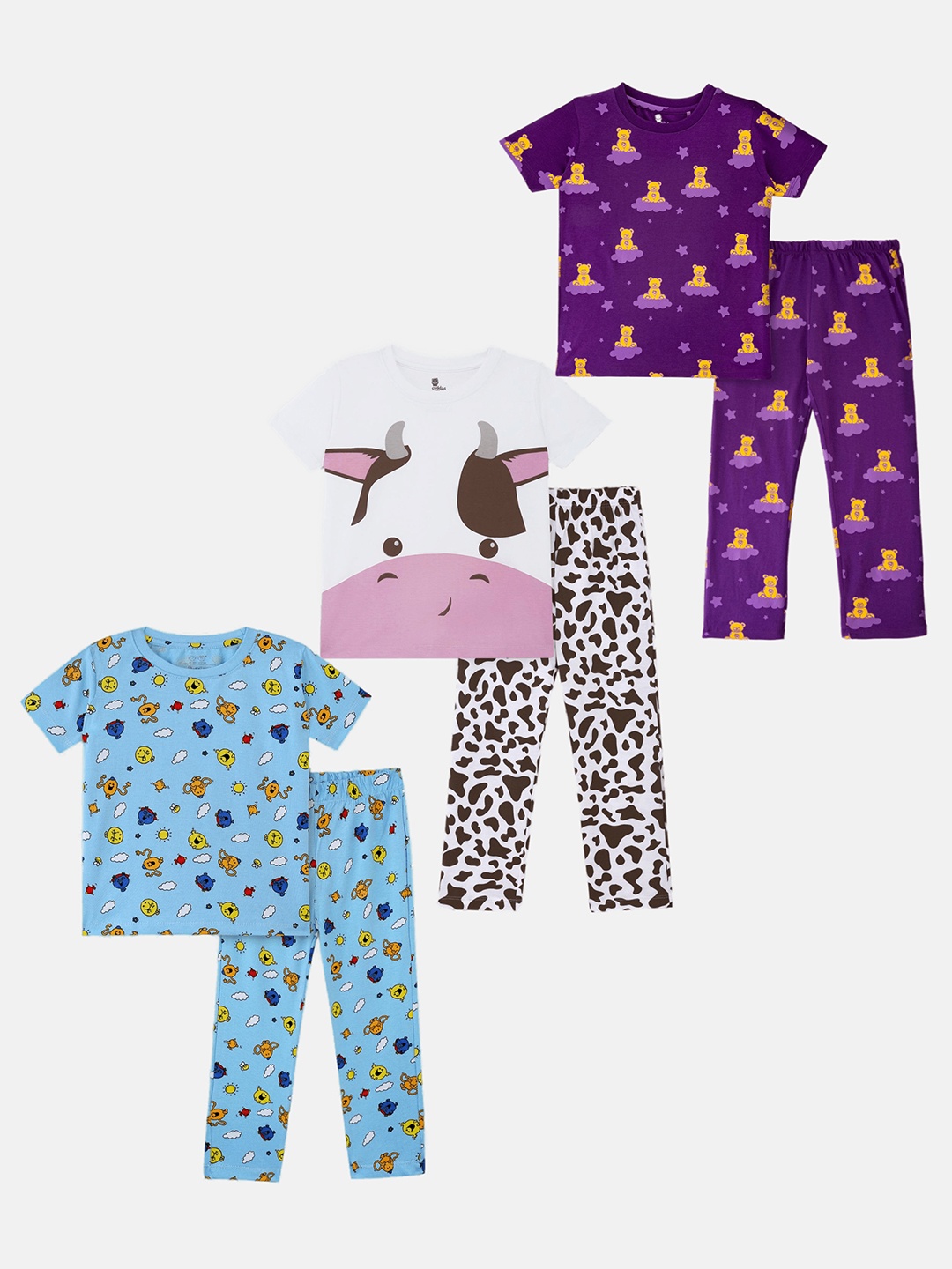 

Cuddles for Cubs Pack Of 3 Kids Printed Pure Cotton Night suit, Blue