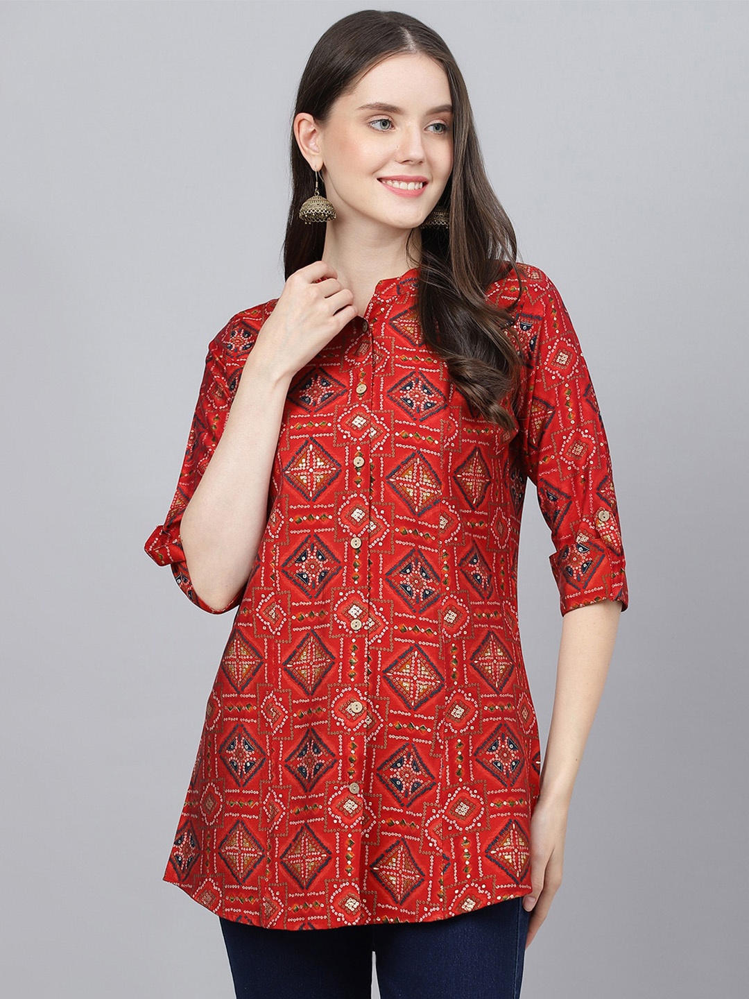 

Divena Print Mandarin Collar Shirt Style Longline Top, Red