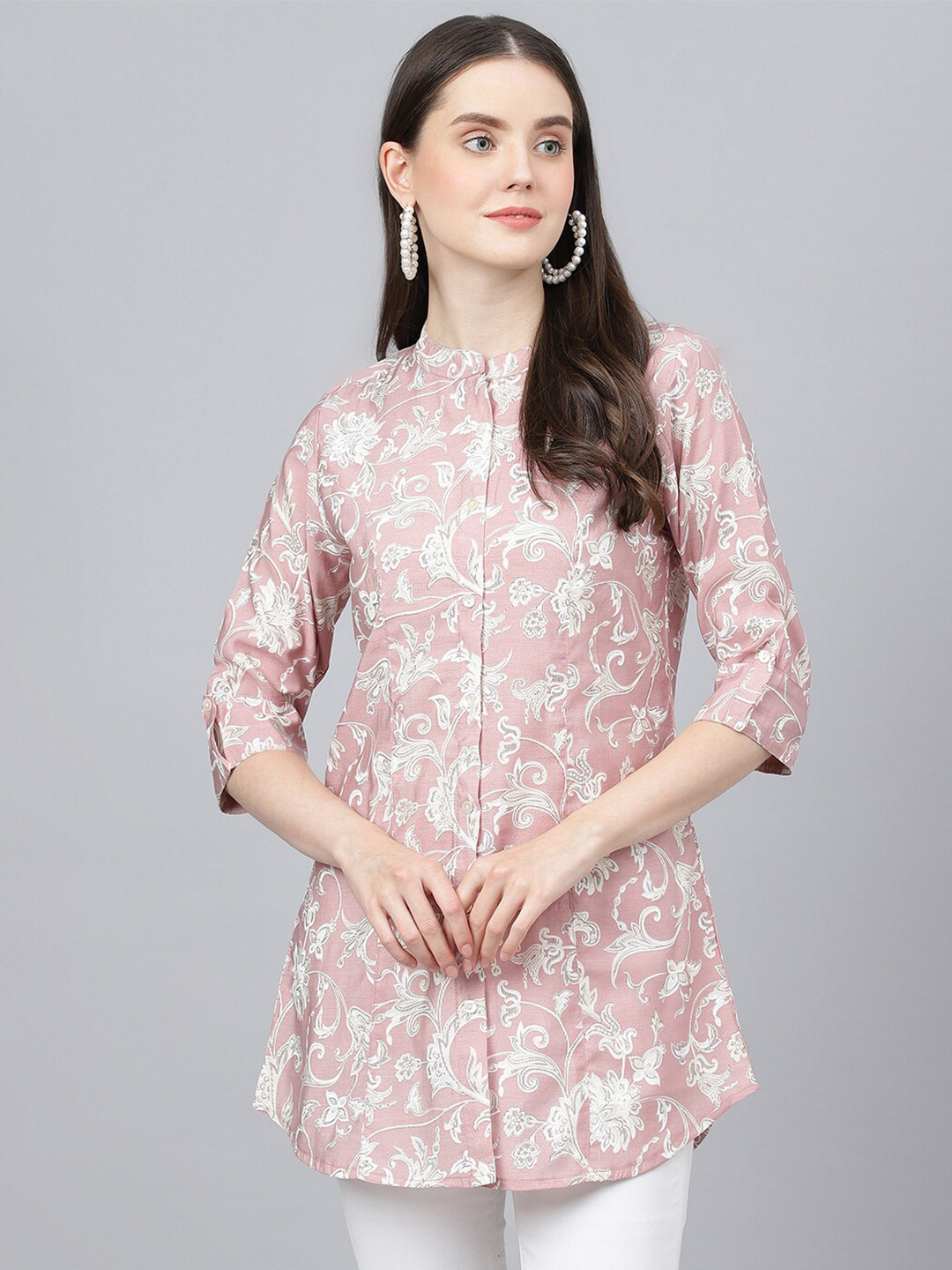

Divena Floral Print Mandarin Collar Roll-Up Sleeves Shirt Style Longline Top, Pink