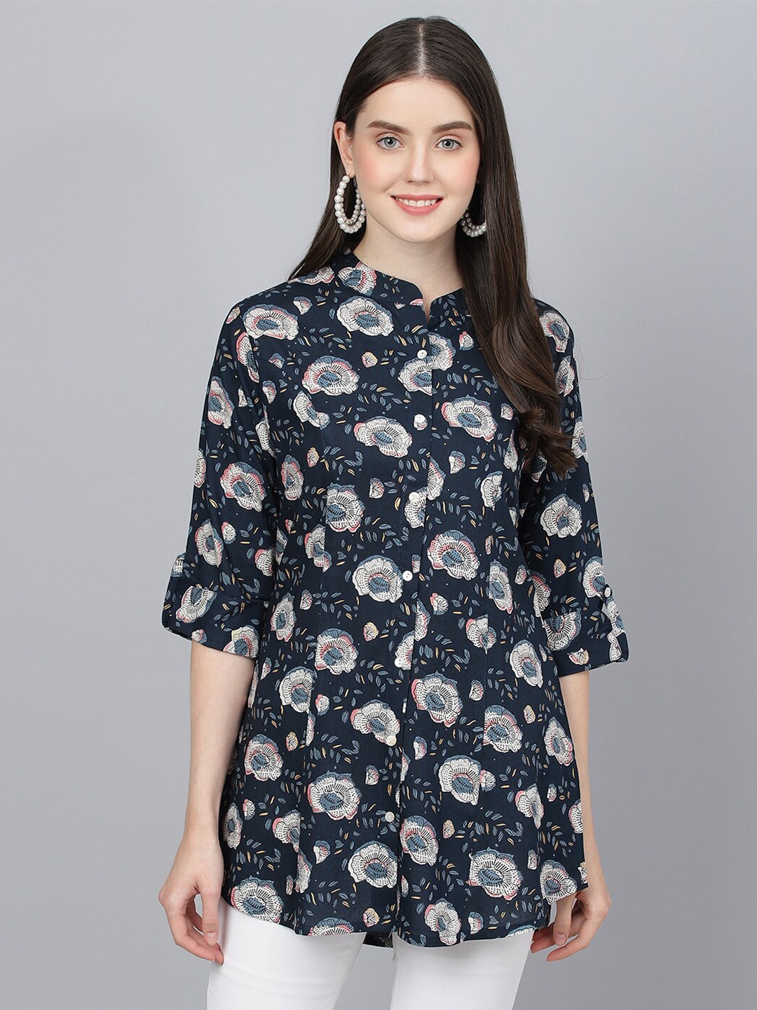

Divena Floral Print Shirt Style Longline Top, Blue
