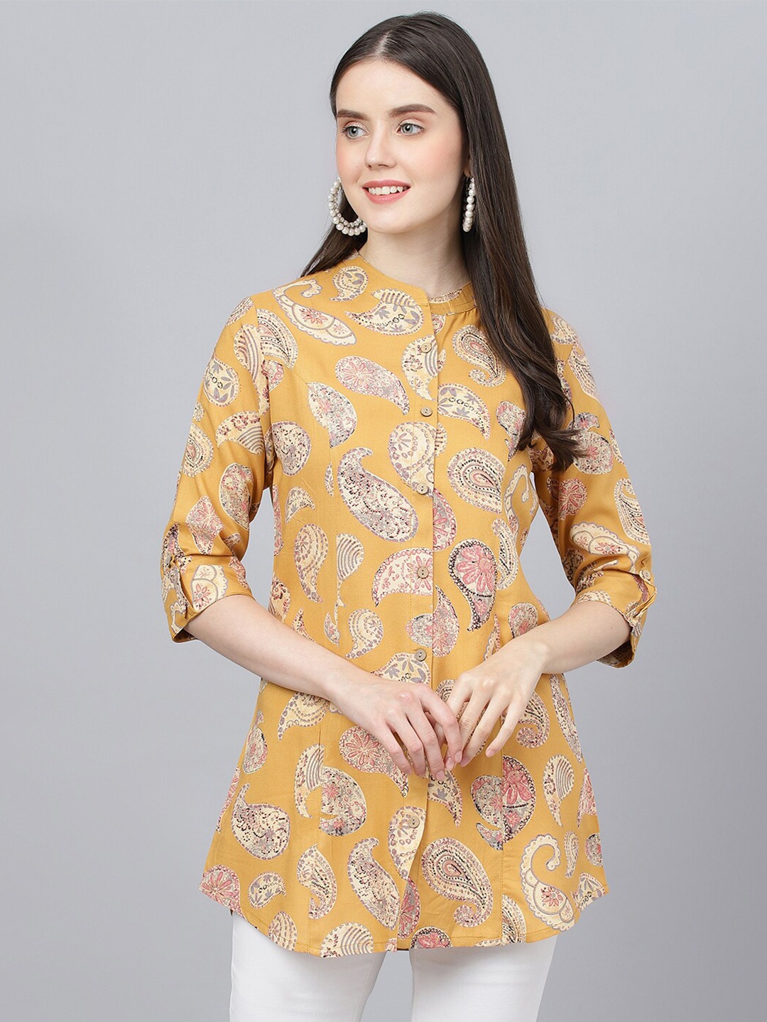 

Divena Print Mandarin Collar Roll-Up Sleeves Shirt Style Top, Mustard