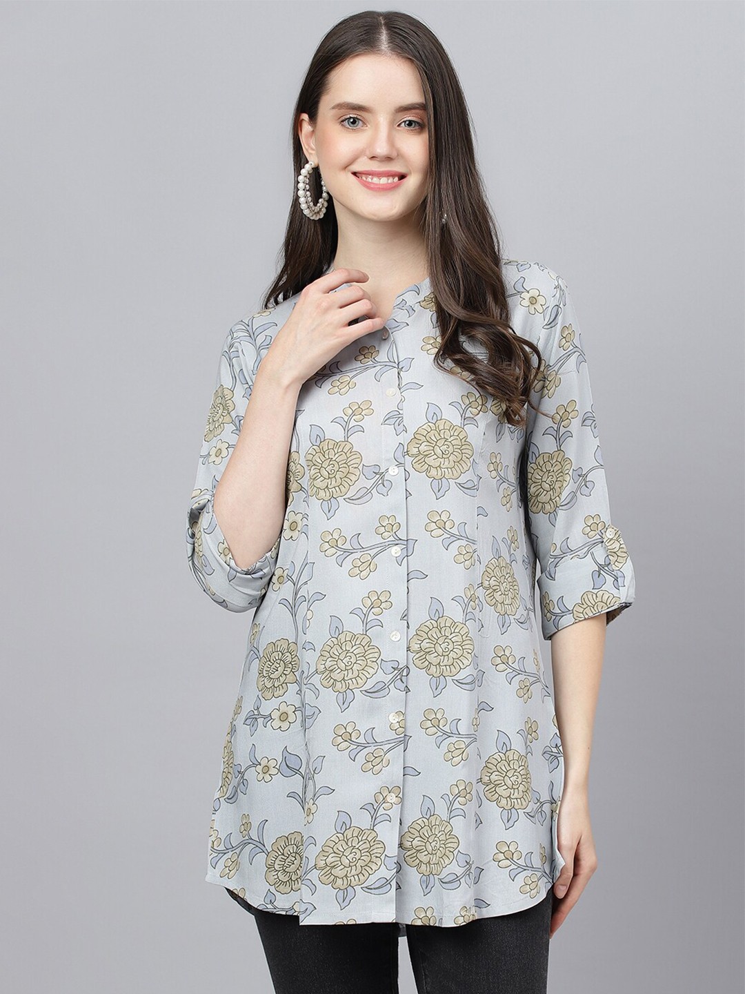 

Divena Floral Print Mandarin Collar Roll-Up Sleeves Shirt Style Longline Top, Blue