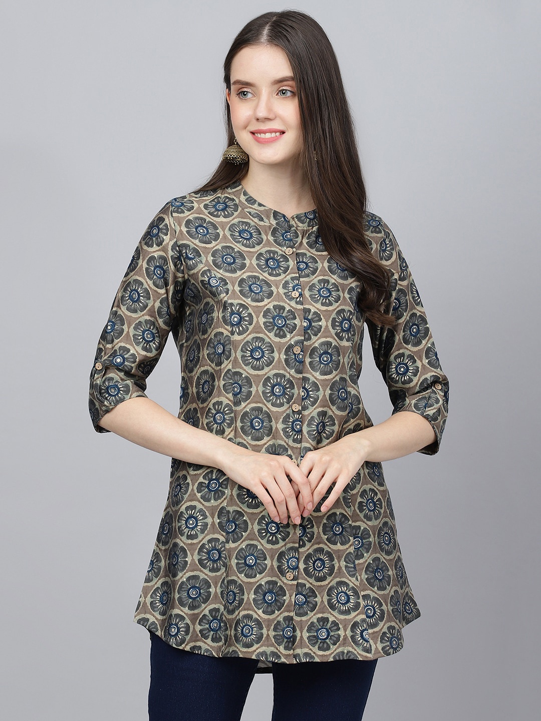 

Divena Modal Mandarin Collar Printed Tunic, Brown