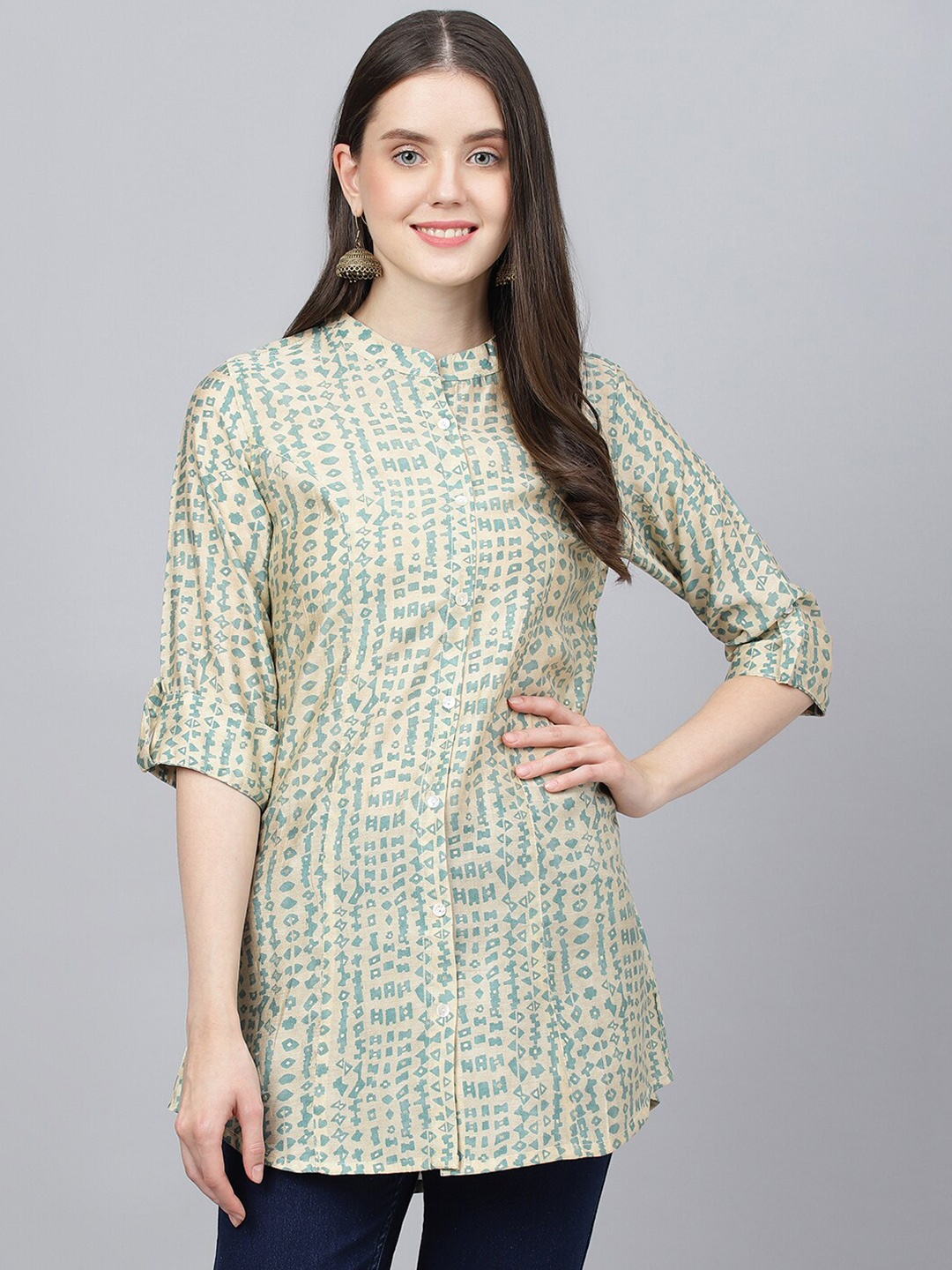 

Divena Print Mandarin Collar Roll-Up Sleeves Shirt Style Longline Top, Beige
