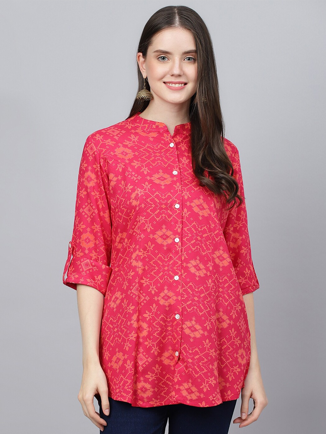 

Divena Print Mandarin Collar Roll-Up Sleeves Top, Pink